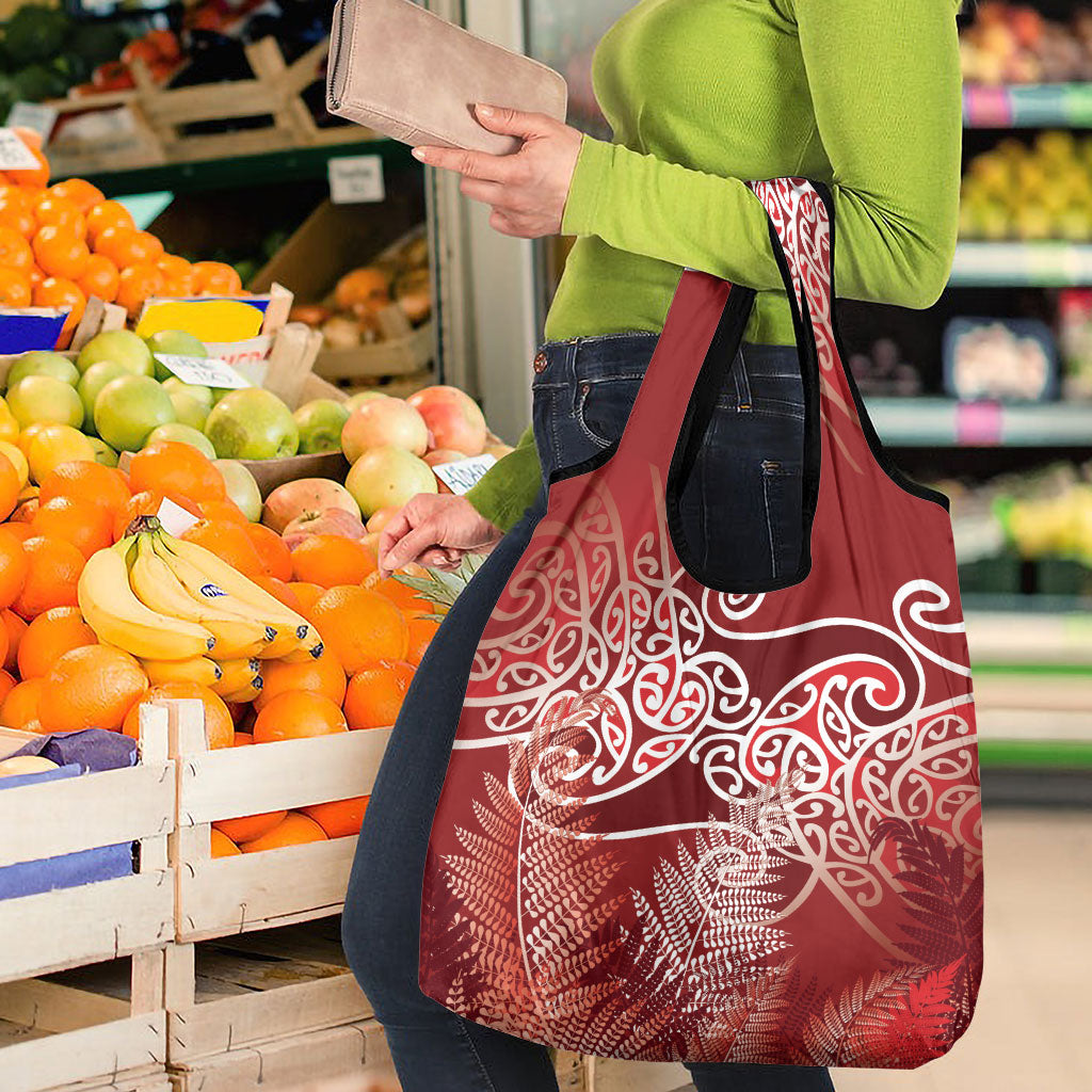 Aotearoa Maori Koru Curves Grocery Bag Silver Ferns - Crimson Red