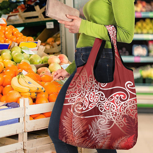 Aotearoa Maori Koru Curves Grocery Bag Silver Ferns - Crimson Red