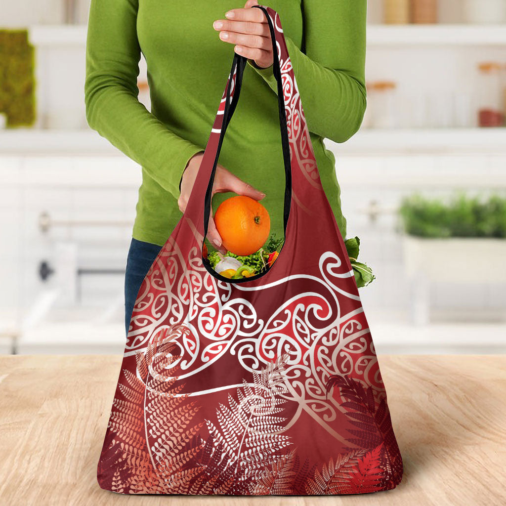 Aotearoa Maori Koru Curves Grocery Bag Silver Ferns - Crimson Red