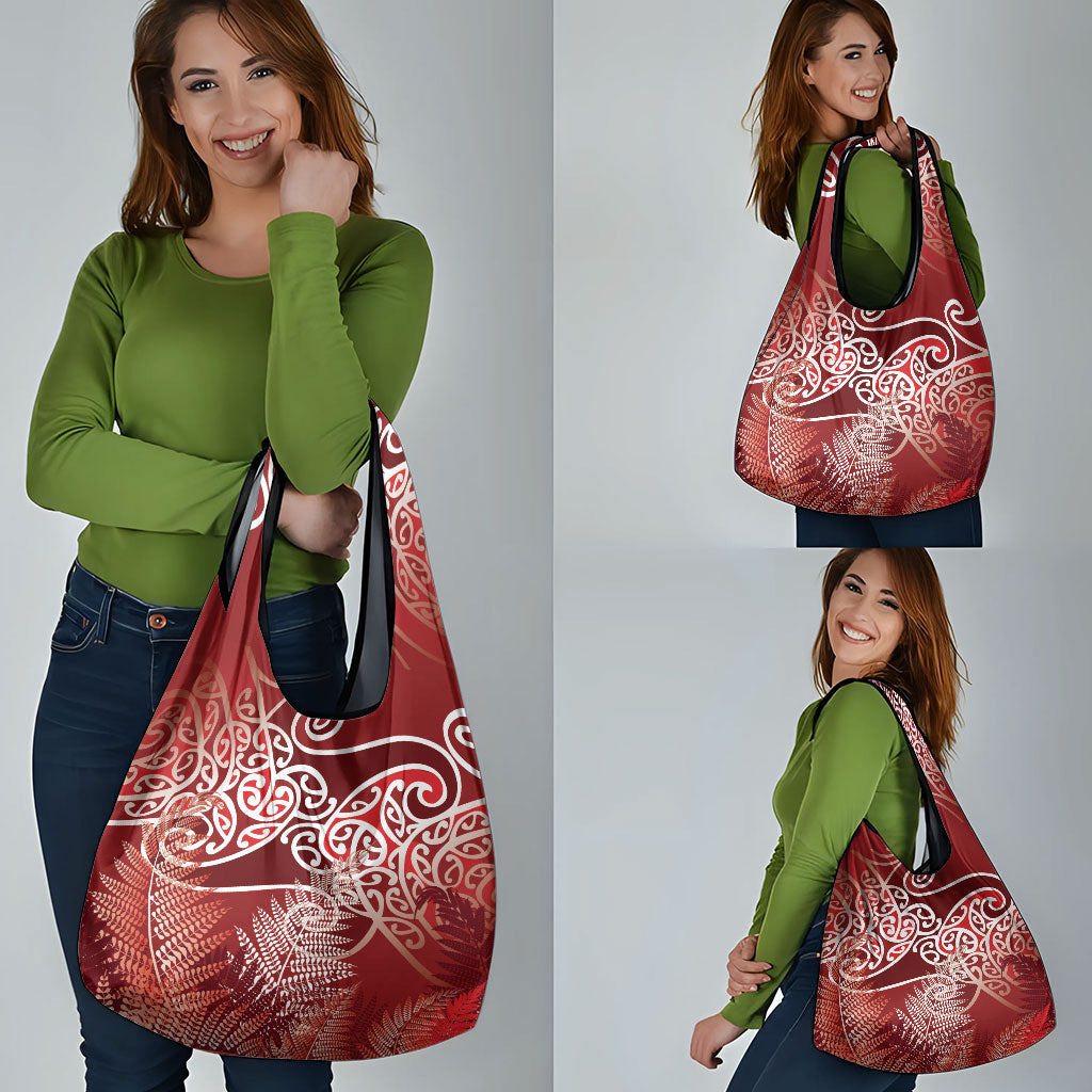 Aotearoa Maori Koru Curves Grocery Bag Silver Ferns - Crimson Red
