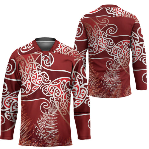 Aotearoa Maori Koru Curves Hockey Jersey Silver Ferns - Crimson Red