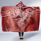 Aotearoa Maori Koru Curves Hooded Blanket Silver Ferns - Crimson Red