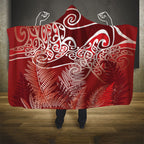 Aotearoa Maori Koru Curves Hooded Blanket Silver Ferns - Crimson Red