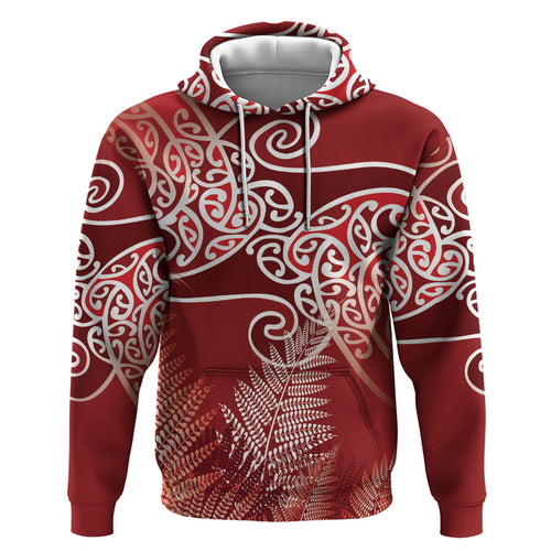 Aotearoa Maori Koru Curves Hoodie Silver Ferns - Crimson Red