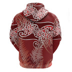 Aotearoa Maori Koru Curves Hoodie Silver Ferns - Crimson Red