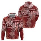Aotearoa Maori Koru Curves Hoodie Silver Ferns - Crimson Red