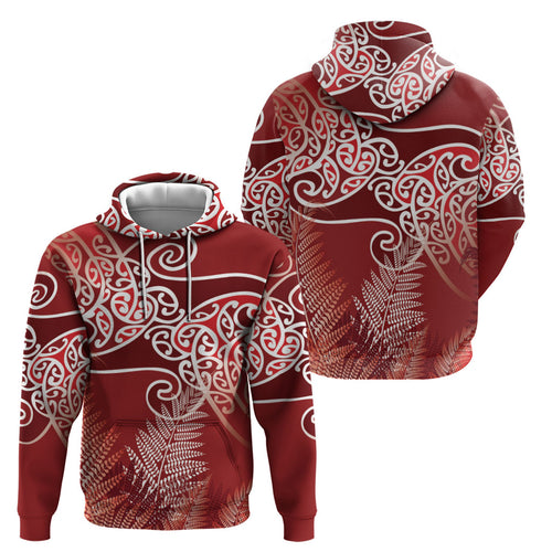 Aotearoa Maori Koru Curves Hoodie Silver Ferns - Crimson Red