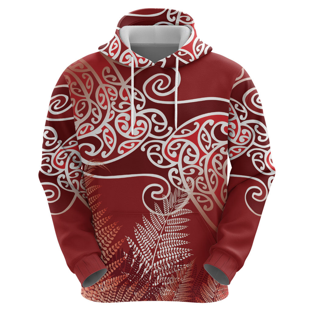 Aotearoa Maori Koru Curves Hoodie Silver Ferns - Crimson Red