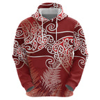 Aotearoa Maori Koru Curves Hoodie Silver Ferns - Crimson Red