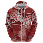 Aotearoa Maori Koru Curves Hoodie Silver Ferns - Crimson Red