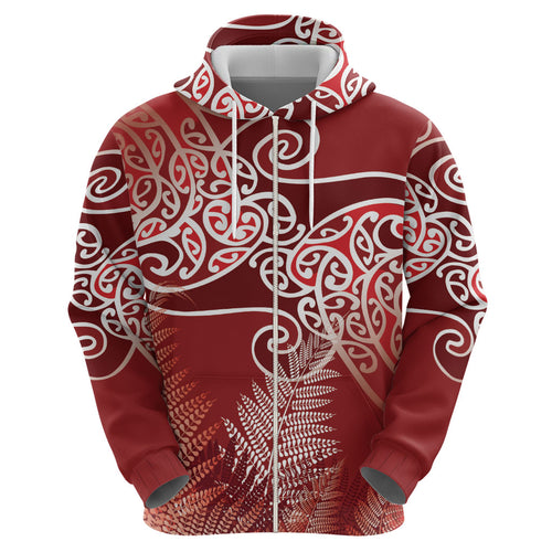 Aotearoa Maori Koru Curves Hoodie Silver Ferns - Crimson Red