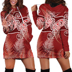 Aotearoa Maori Koru Curves Hoodie Dress Silver Ferns - Crimson Red