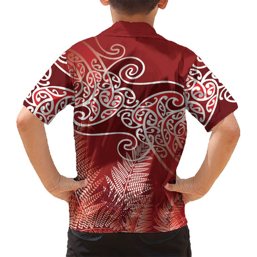 Aotearoa Maori Koru Curves Kid Hawaiian Shirt Silver Ferns - Crimson Red