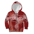 Aotearoa Maori Koru Curves Kid Hoodie Silver Ferns - Crimson Red
