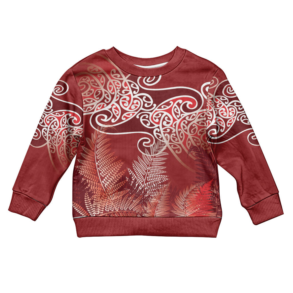 Aotearoa Maori Koru Curves Kid Ugly Christmas Sweater Silver Ferns - Crimson Red