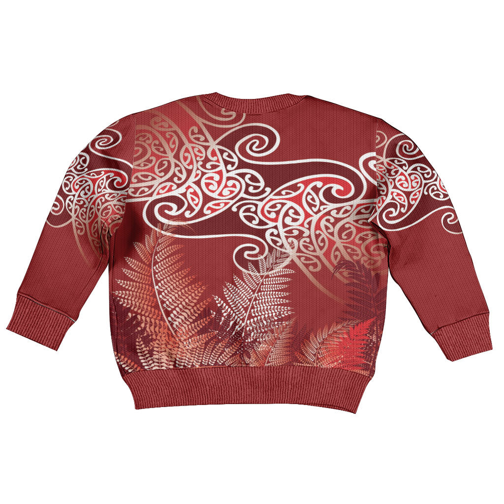 Aotearoa Maori Koru Curves Kid Ugly Christmas Sweater Silver Ferns - Crimson Red