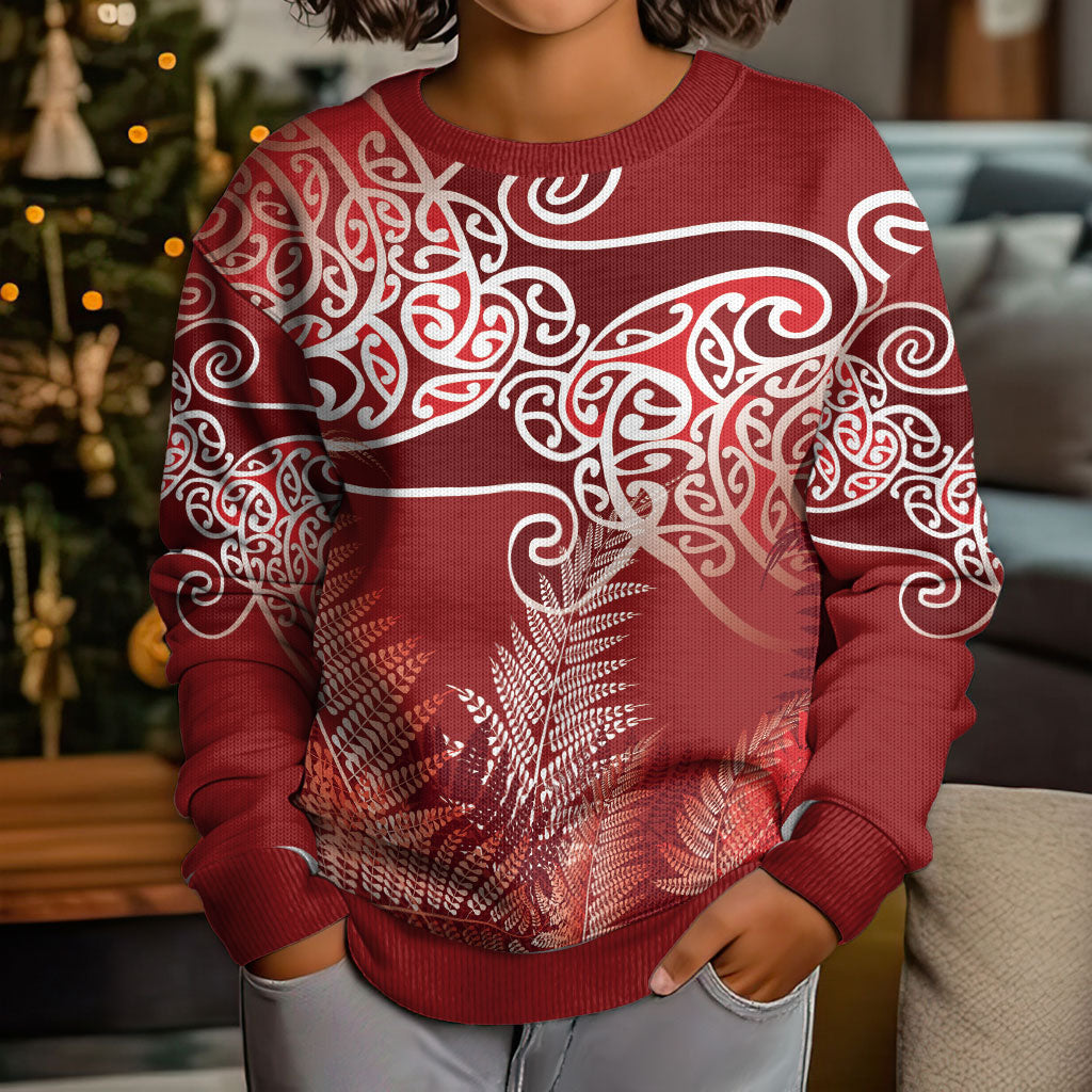 Aotearoa Maori Koru Curves Kid Ugly Christmas Sweater Silver Ferns - Crimson Red