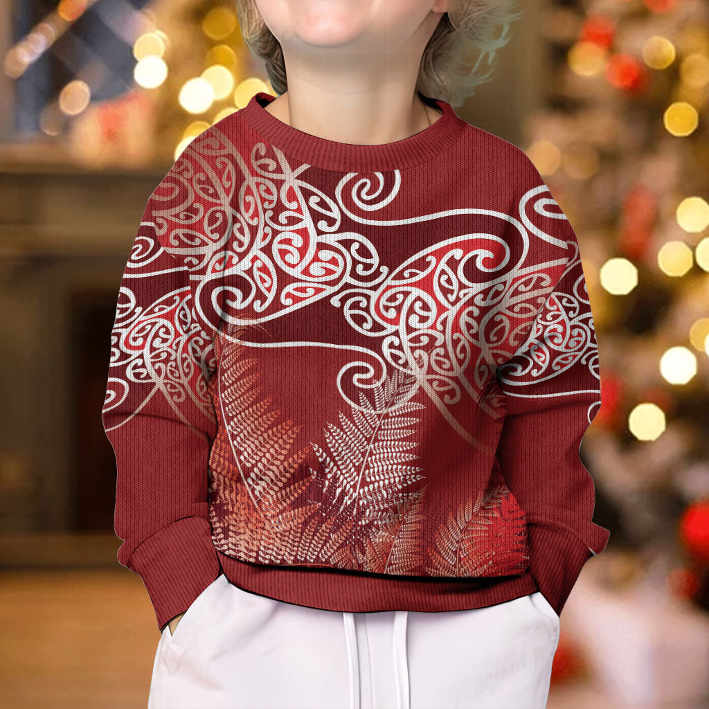 Aotearoa Maori Koru Curves Kid Ugly Christmas Sweater Silver Ferns - Crimson Red