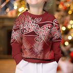 Aotearoa Maori Koru Curves Kid Ugly Christmas Sweater Silver Ferns - Crimson Red