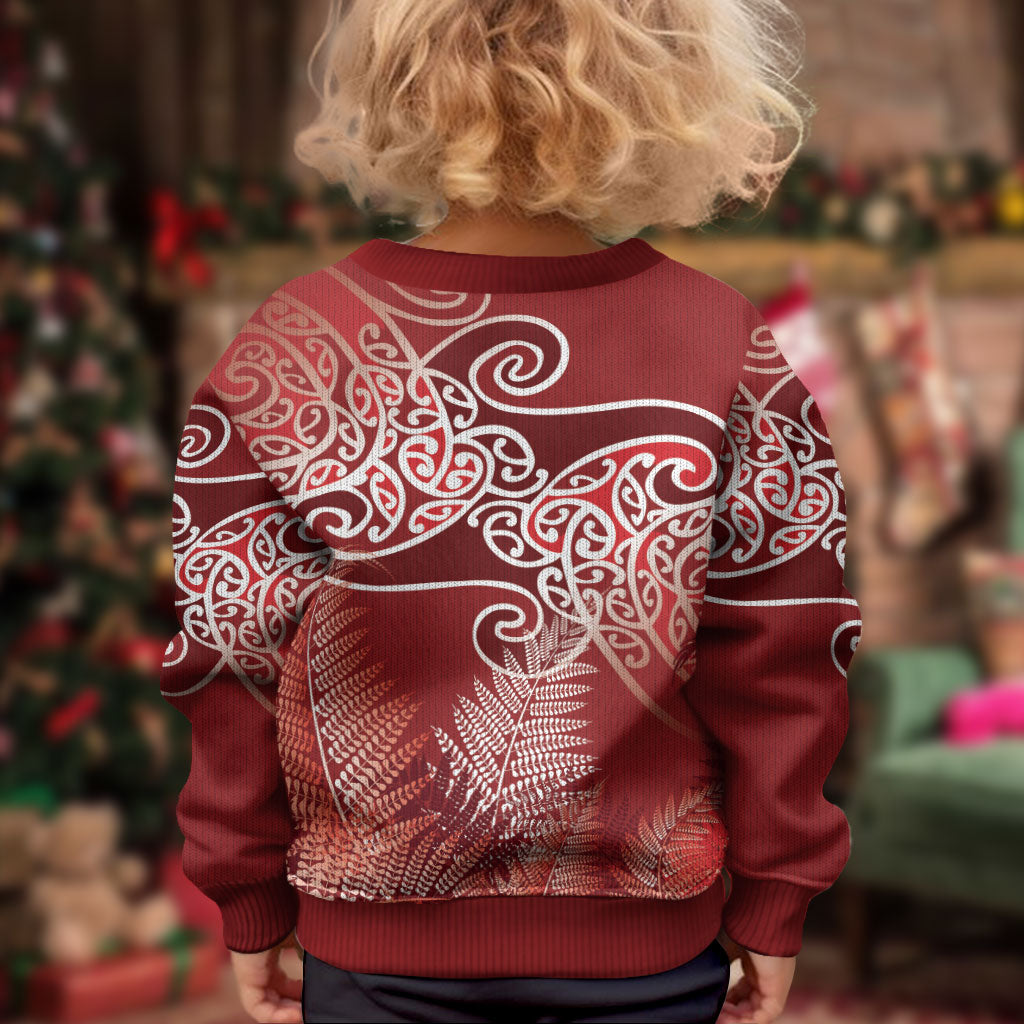 Aotearoa Maori Koru Curves Kid Ugly Christmas Sweater Silver Ferns - Crimson Red