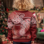 Aotearoa Maori Koru Curves Kid Ugly Christmas Sweater Silver Ferns - Crimson Red