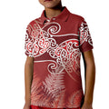 Aotearoa Maori Koru Curves Kid Polo Shirt Silver Ferns - Crimson Red
