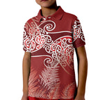 Aotearoa Maori Koru Curves Kid Polo Shirt Silver Ferns - Crimson Red