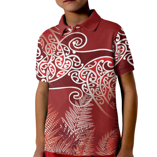 Aotearoa Maori Koru Curves Kid Polo Shirt Silver Ferns - Crimson Red