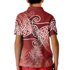 Aotearoa Maori Koru Curves Kid Polo Shirt Silver Ferns - Crimson Red