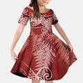 Aotearoa Maori Koru Curves Kid Short Sleeve Dress Silver Ferns - Crimson Red