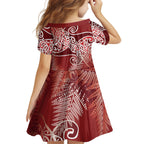 Aotearoa Maori Koru Curves Kid Short Sleeve Dress Silver Ferns - Crimson Red