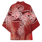 Aotearoa Maori Koru Curves Kimono Silver Ferns - Crimson Red