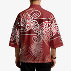 Aotearoa Maori Koru Curves Kimono Silver Ferns - Crimson Red