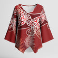 Aotearoa Maori Koru Curves Kimono Sleeve Blouse Silver Ferns - Crimson Red