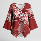Aotearoa Maori Koru Curves Kimono Sleeve Blouse Silver Ferns - Crimson Red