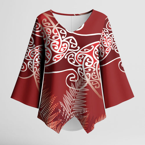 Aotearoa Maori Koru Curves Kimono Sleeve Blouse Silver Ferns - Crimson Red