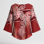 Aotearoa Maori Koru Curves Kimono Sleeve Blouse Silver Ferns - Crimson Red