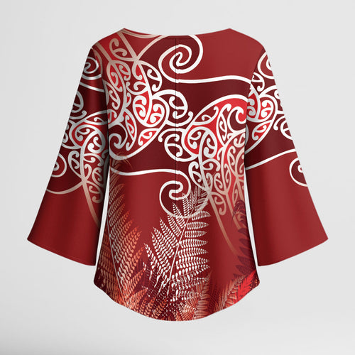 Aotearoa Maori Koru Curves Kimono Sleeve Blouse Silver Ferns - Crimson Red