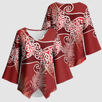 Aotearoa Maori Koru Curves Kimono Sleeve Blouse Silver Ferns - Crimson Red