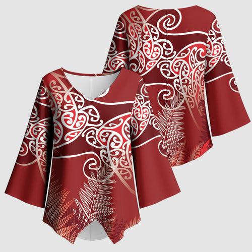Aotearoa Maori Koru Curves Kimono Sleeve Blouse Silver Ferns - Crimson Red