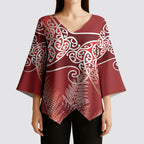 Aotearoa Maori Koru Curves Kimono Sleeve Blouse Silver Ferns - Crimson Red