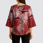 Aotearoa Maori Koru Curves Kimono Sleeve Blouse Silver Ferns - Crimson Red
