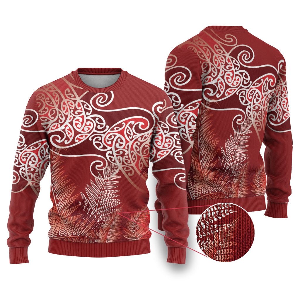 Aotearoa Maori Koru Curves Ugly Christmas Sweater Silver Ferns - Crimson Red