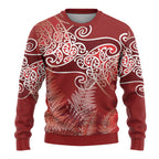 Aotearoa Maori Koru Curves Ugly Christmas Sweater Silver Ferns - Crimson Red