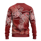 Aotearoa Maori Koru Curves Ugly Christmas Sweater Silver Ferns - Crimson Red