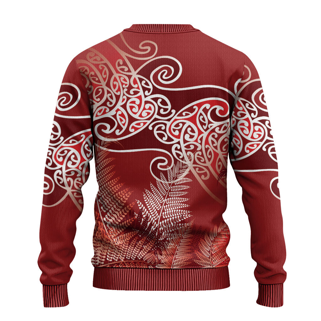 Aotearoa Maori Koru Curves Ugly Christmas Sweater Silver Ferns - Crimson Red