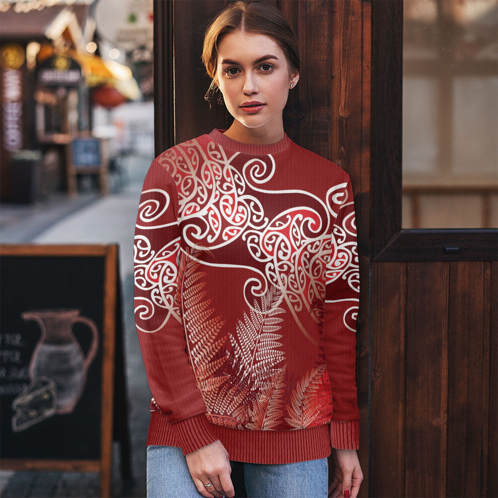 Aotearoa Maori Koru Curves Ugly Christmas Sweater Silver Ferns - Crimson Red