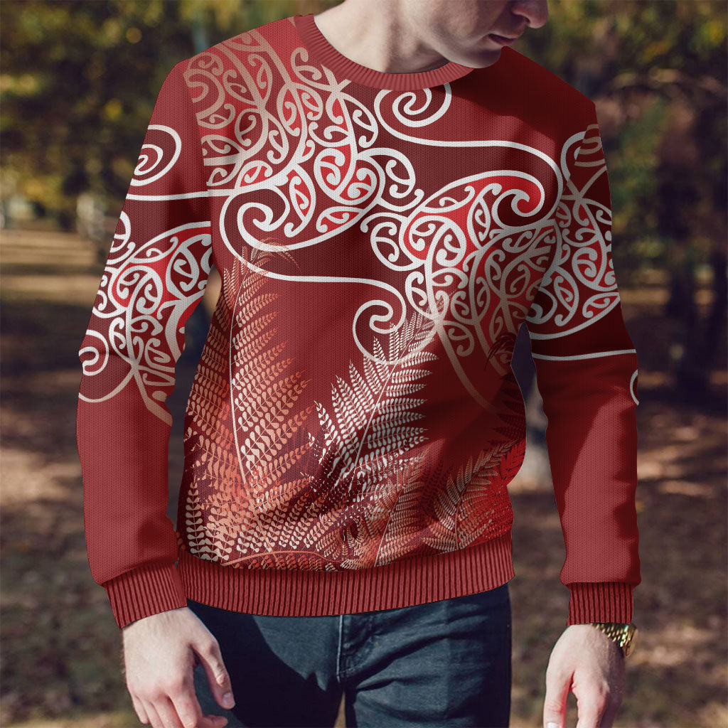 Aotearoa Maori Koru Curves Ugly Christmas Sweater Silver Ferns - Crimson Red