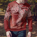 Aotearoa Maori Koru Curves Ugly Christmas Sweater Silver Ferns - Crimson Red