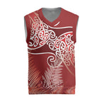 Aotearoa Maori Koru Curves Christmas Knitted V-Neck Vest Silver Ferns - Crimson Red
